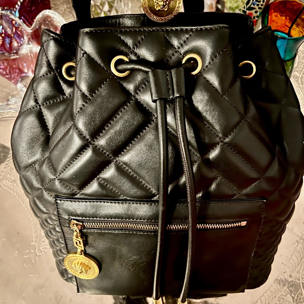 Versace Black Quilted Medusa Backpack/Bag with Gold hardware